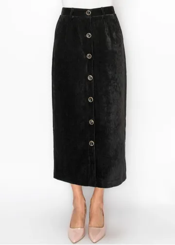 Button Front Corduroy Skirt in Black