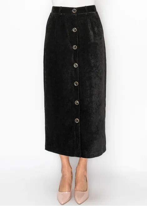 Button Front Corduroy Skirt in Black