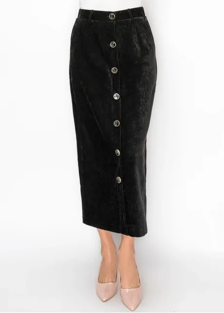 Button Front Corduroy Skirt in Black