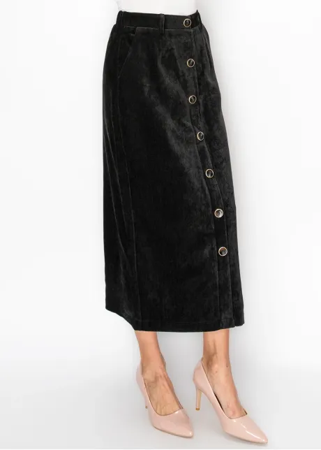 Button Front Corduroy Skirt in Black