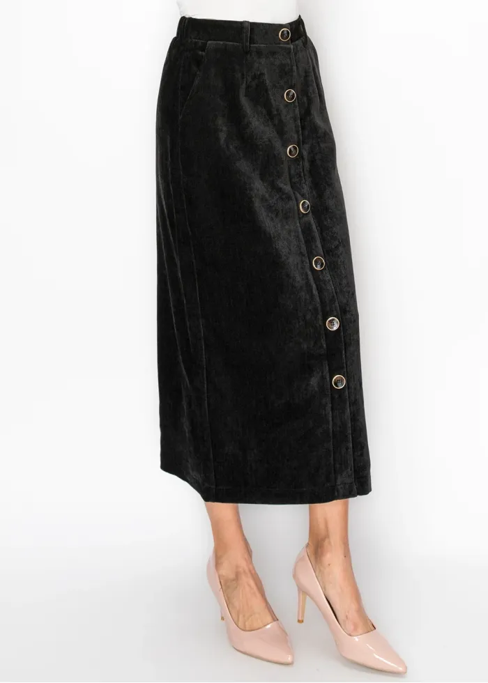 Button Front Corduroy Skirt in Black