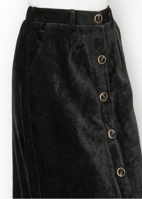 Button Front Corduroy Skirt in Black