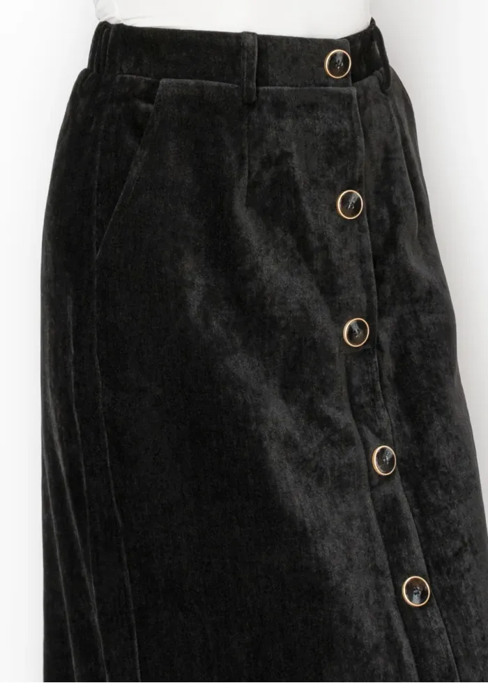 Button Front Corduroy Skirt in Black