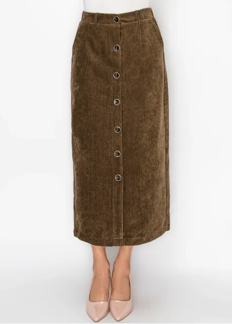 Button Front Corduroy Skirt in Brown