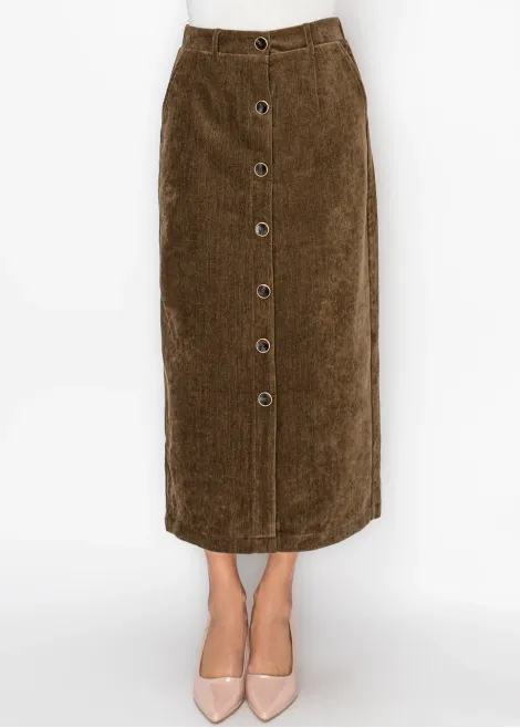 Button Front Corduroy Skirt in Brown