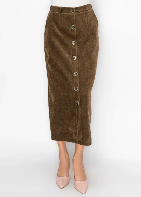 Button Front Corduroy Skirt in Brown