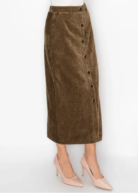 Button Front Corduroy Skirt in Brown