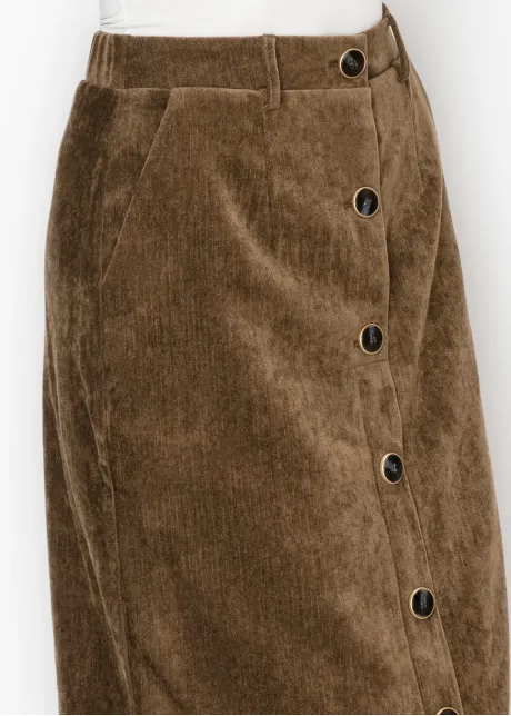 Button Front Corduroy Skirt in Brown