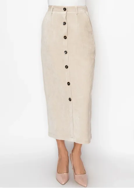 Cream Button-Front Straight Skirt