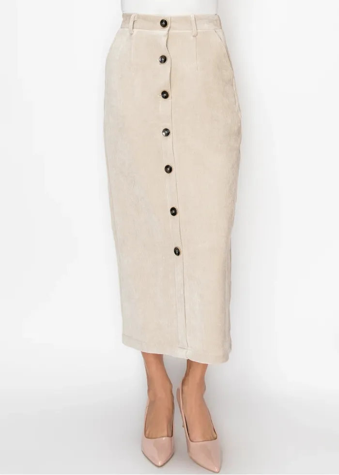 Cream Button-Front Straight Skirt