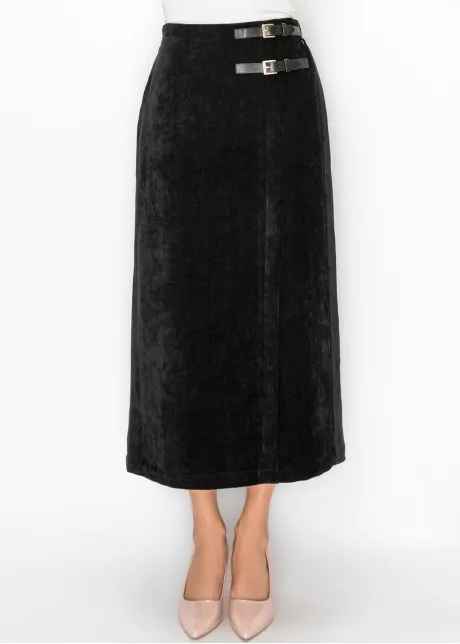 Black Velvet Look Skirt with Side Buckles