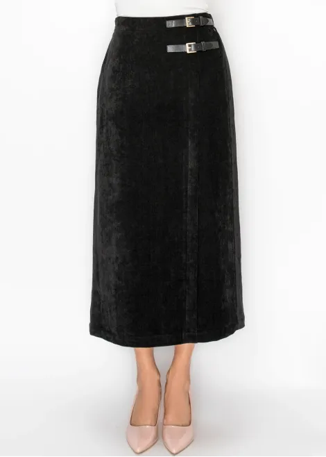 Black Velvet Look Skirt with Side Buckles