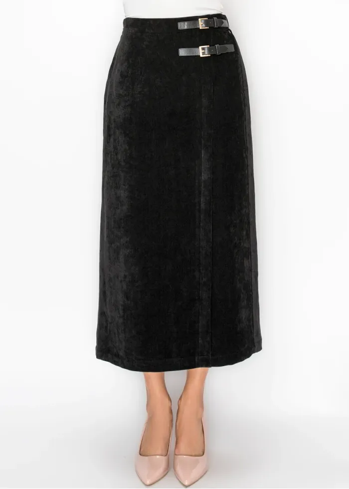 Black Velvet Look Skirt with Side Buckles