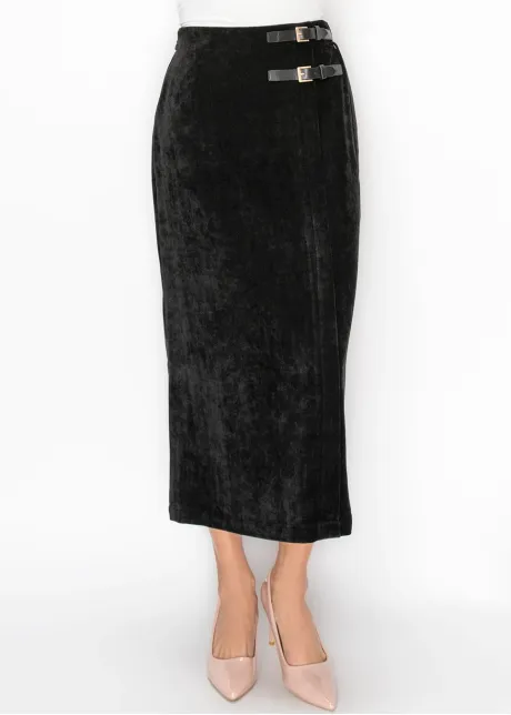 Black Velvet Look Skirt with Side Buckles