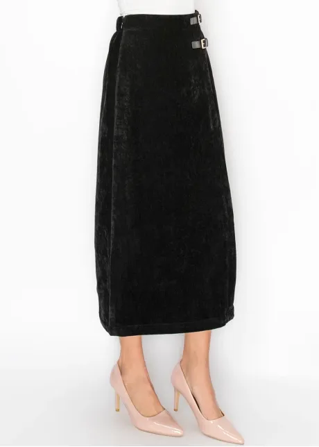 Black Velvet Look Skirt with Side Buckles