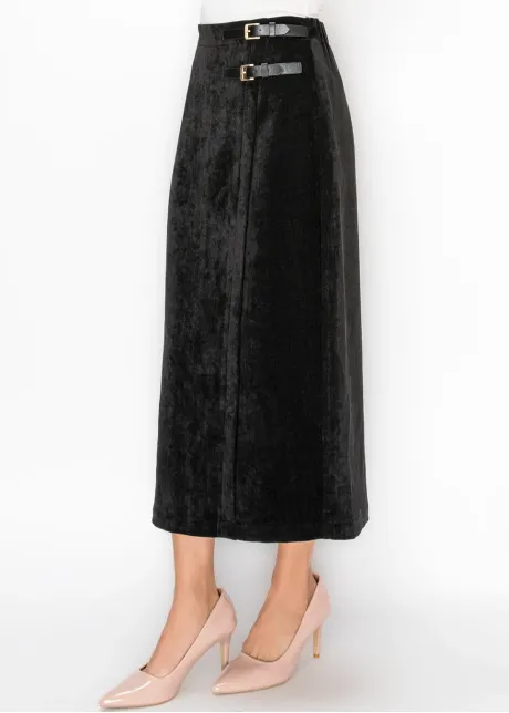 Black Velvet Look Skirt with Side Buckles