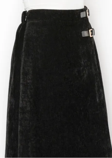 Black Velvet Look Skirt with Side Buckles