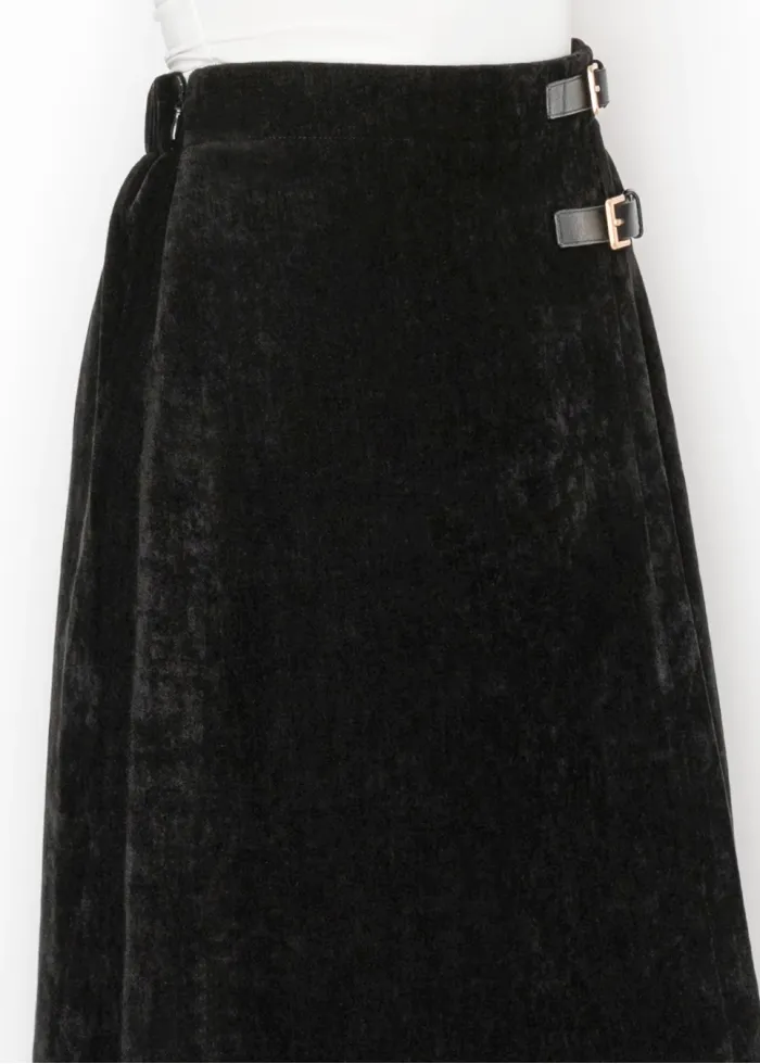 Black Velvet Look Skirt with Side Buckles