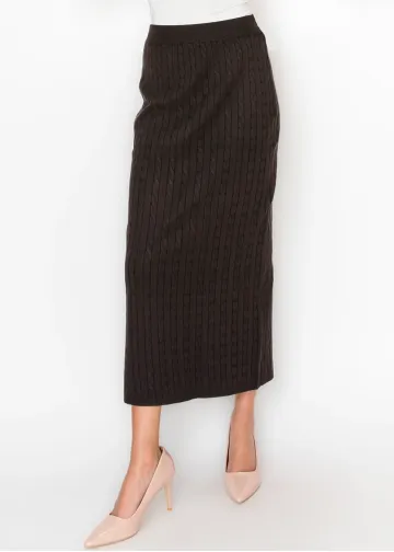 Brown Cable Knit Midi Skirt