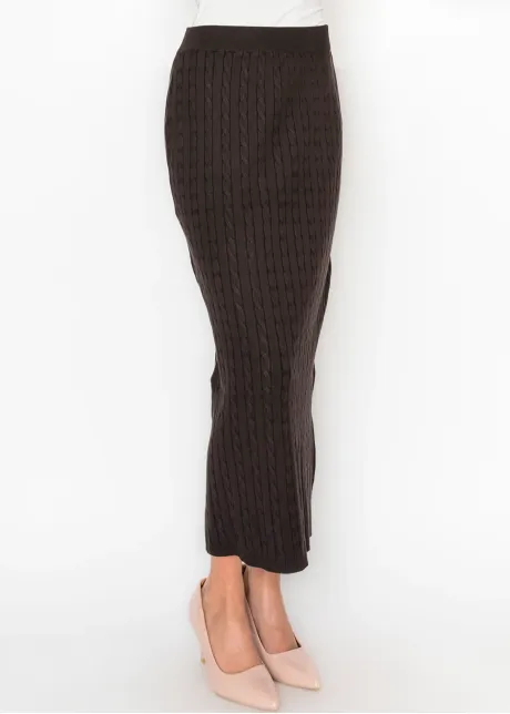 Brown Cable Knit Midi Skirt
