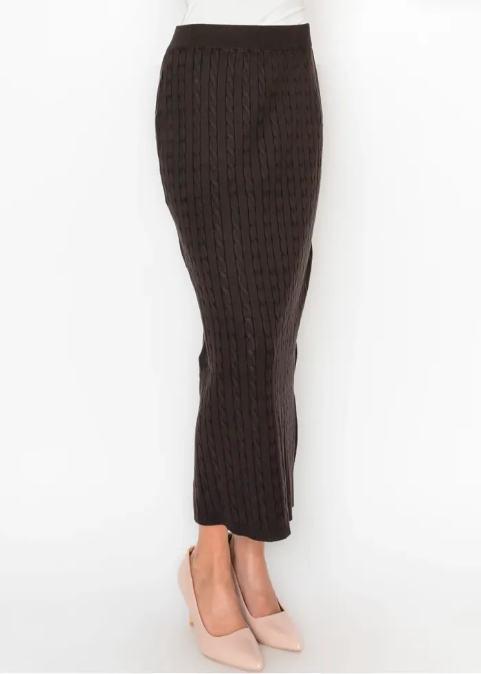 Brown Cable Knit Midi Skirt
