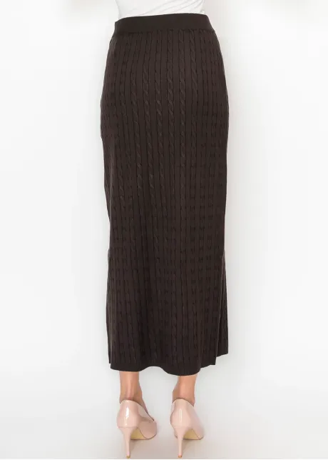 Brown Cable Knit Midi Skirt