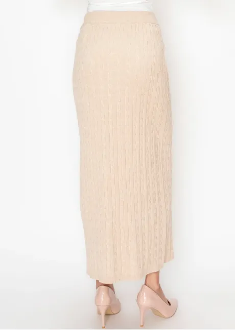 Oatmeal Cable Knit Skirt with Elastic Waist