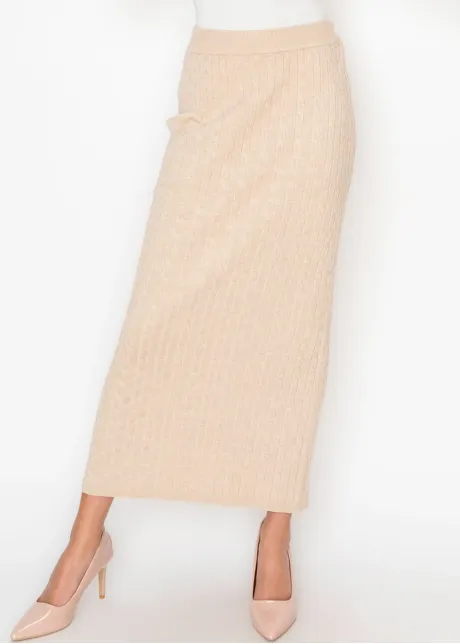 Oatmeal Cable Knit Skirt with Elastic Waist