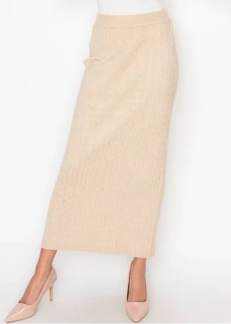 Oatmeal Cable Knit Skirt with Elastic Waist