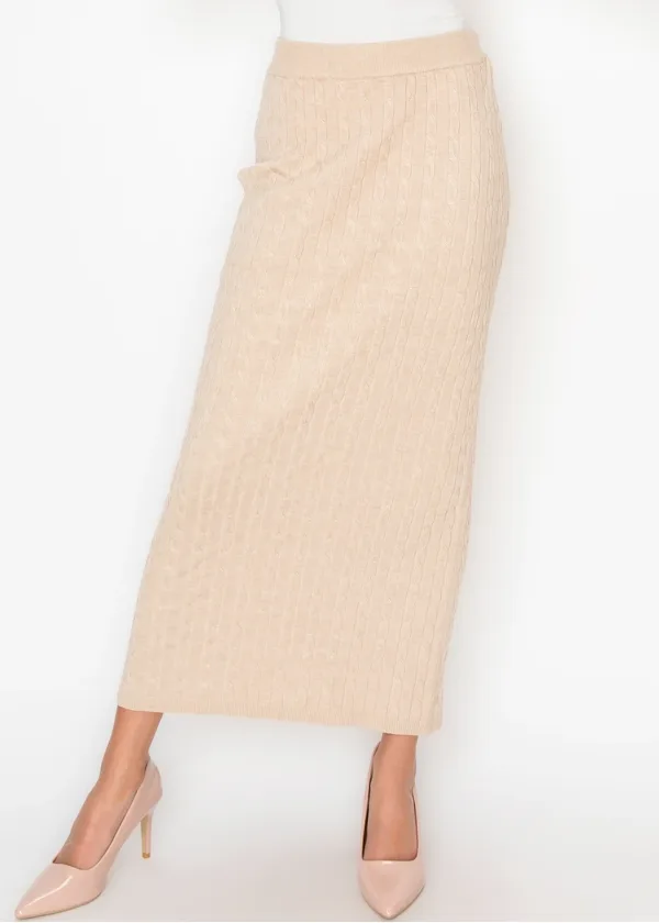 Oatmeal Cable Knit Skirt with Elastic Waist