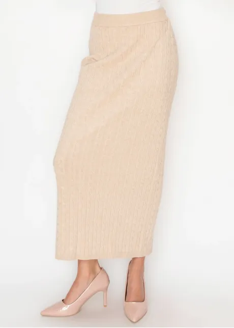 Oatmeal Cable Knit Skirt with Elastic Waist