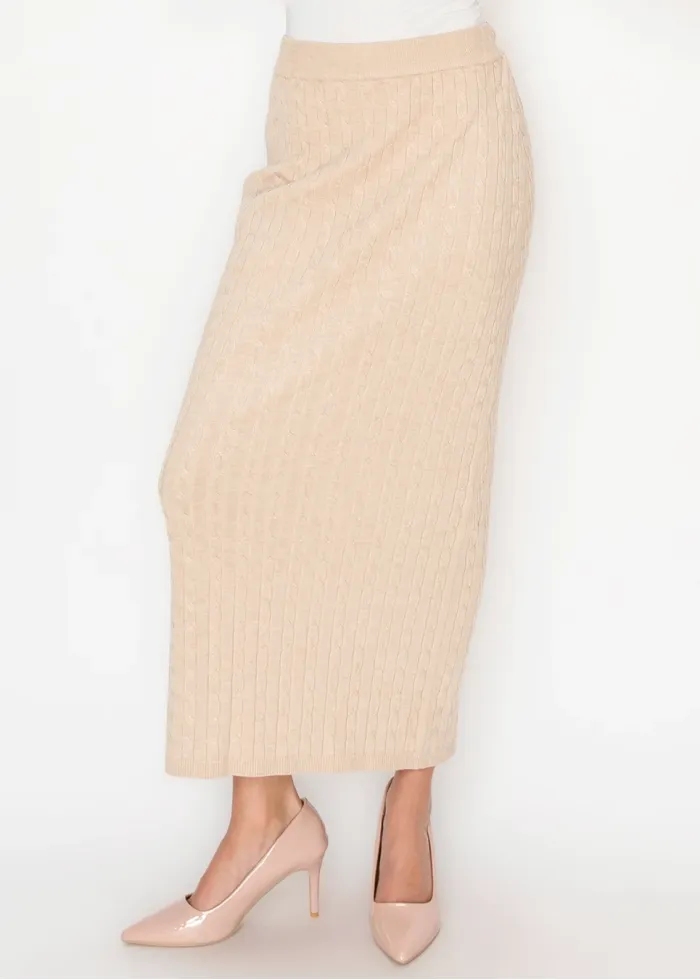 Oatmeal Cable Knit Skirt with Elastic Waist