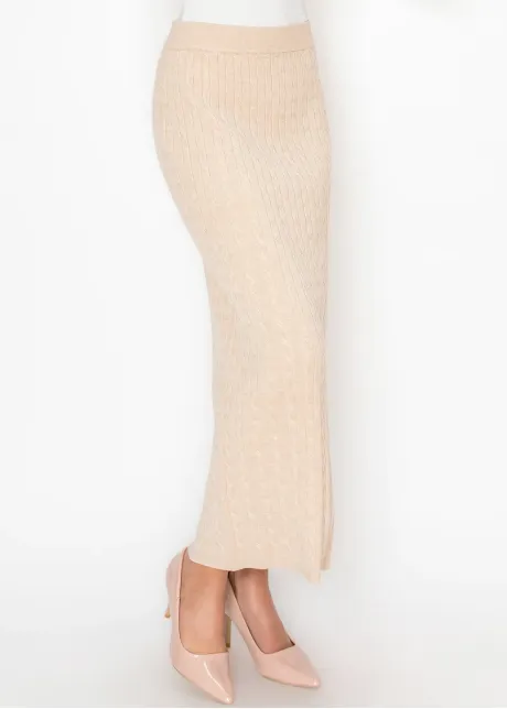 Oatmeal Cable Knit Skirt with Elastic Waist
