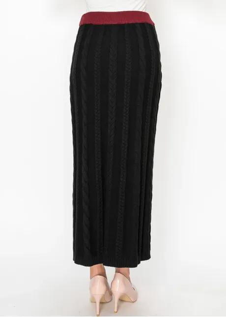 Cotton Blend Cable Knit Skirt, Black