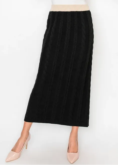 Cotton Blend Cable Knit Skirt, Black