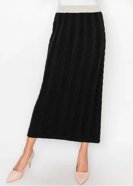 Cotton Blend Cable Knit Skirt, Black