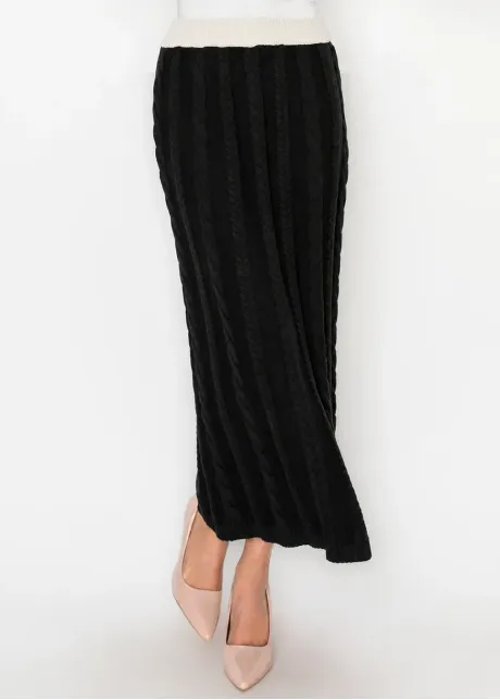 Cotton Blend Cable Knit Skirt, Black