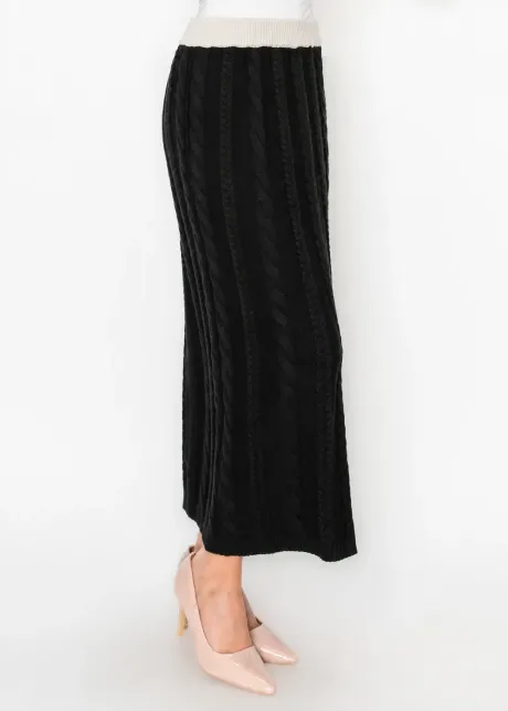 Cotton Blend Cable Knit Skirt, Black
