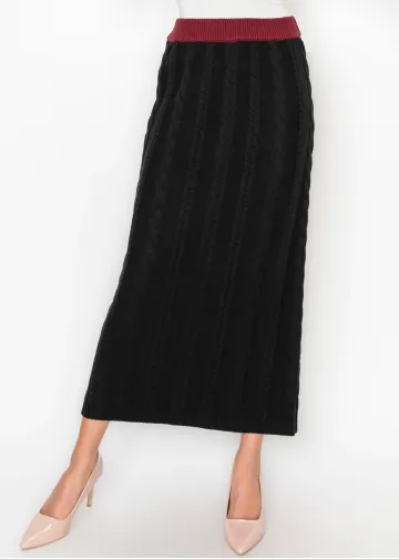 Cotton Blend Cable Knit Skirt, Black