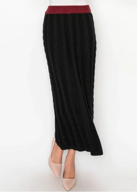 Cotton Blend Cable Knit Skirt, Black