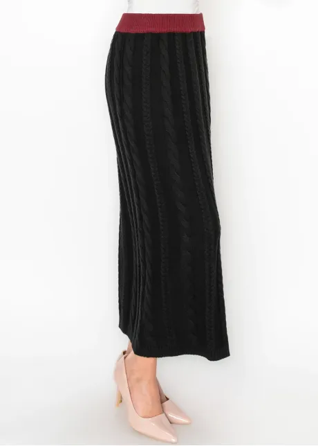 Cotton Blend Cable Knit Skirt, Black