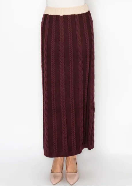 Cable Knit Maxi Skirt in Burgundy