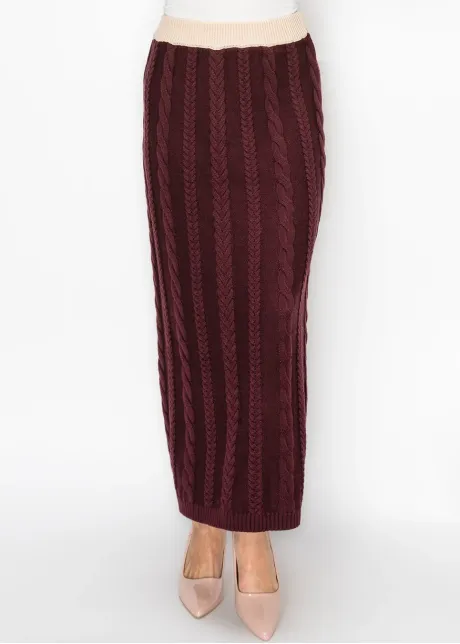 Cable Knit Maxi Skirt in Burgundy