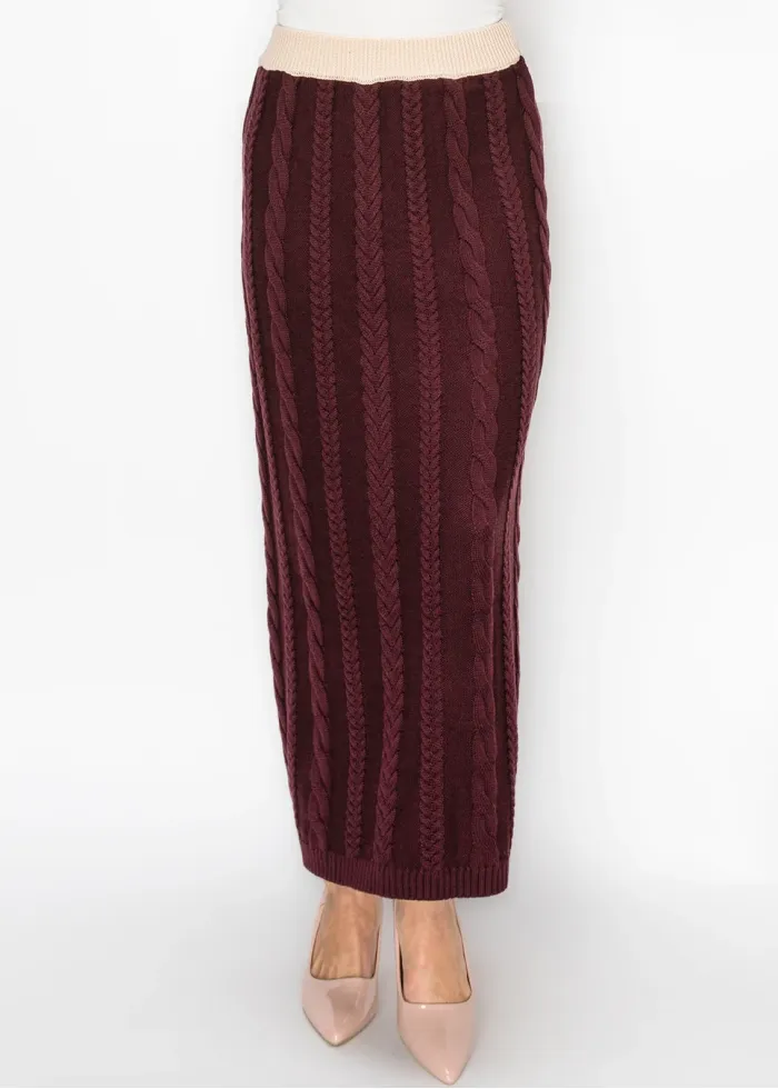 Cable Knit Maxi Skirt in Burgundy