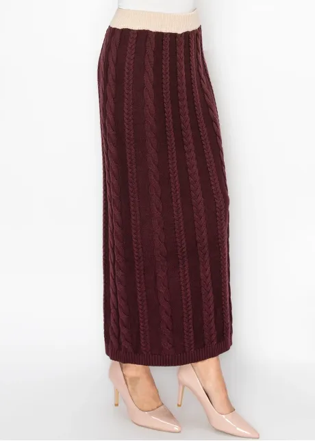 Cable Knit Maxi Skirt in Burgundy