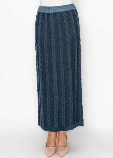 Long Blue Cable Knit Skirt with Elastic Waist