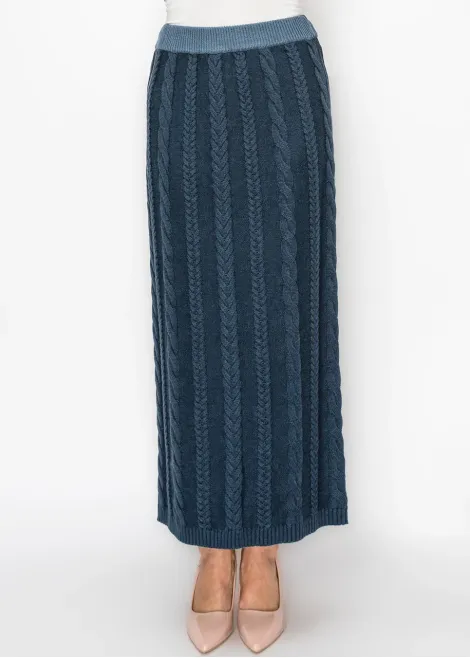 Long Blue Cable Knit Skirt with Elastic Waist