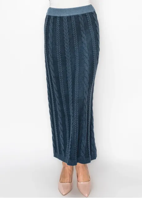 Long Blue Cable Knit Skirt with Elastic Waist
