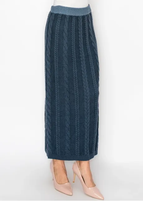 Long Blue Cable Knit Skirt with Elastic Waist