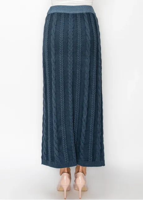 Long Blue Cable Knit Skirt with Elastic Waist